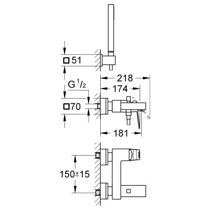 Grohe Einhand-Wannenbatterie Eurocube DN 15 Mit Brausegarnitur 2 Grohe Einhand-Wannenbatterie Eurocube DN 15 Mit Brausegarnitur – Bild 2
